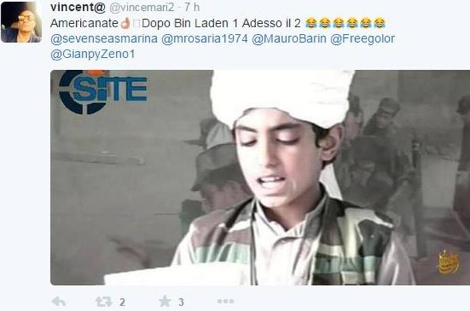 Twitter ha scelto la consueta arma per commentare il debutto planetario del figlio di Osama bin Laden, Hamza: l&#39;ironia. &#39;Hamza bin Laden dimostra che i figli raccomandati non sono solo un problema italiano&#39;, &#39;... adesso per spegnetegli la playstation&#39;. (Twitter)